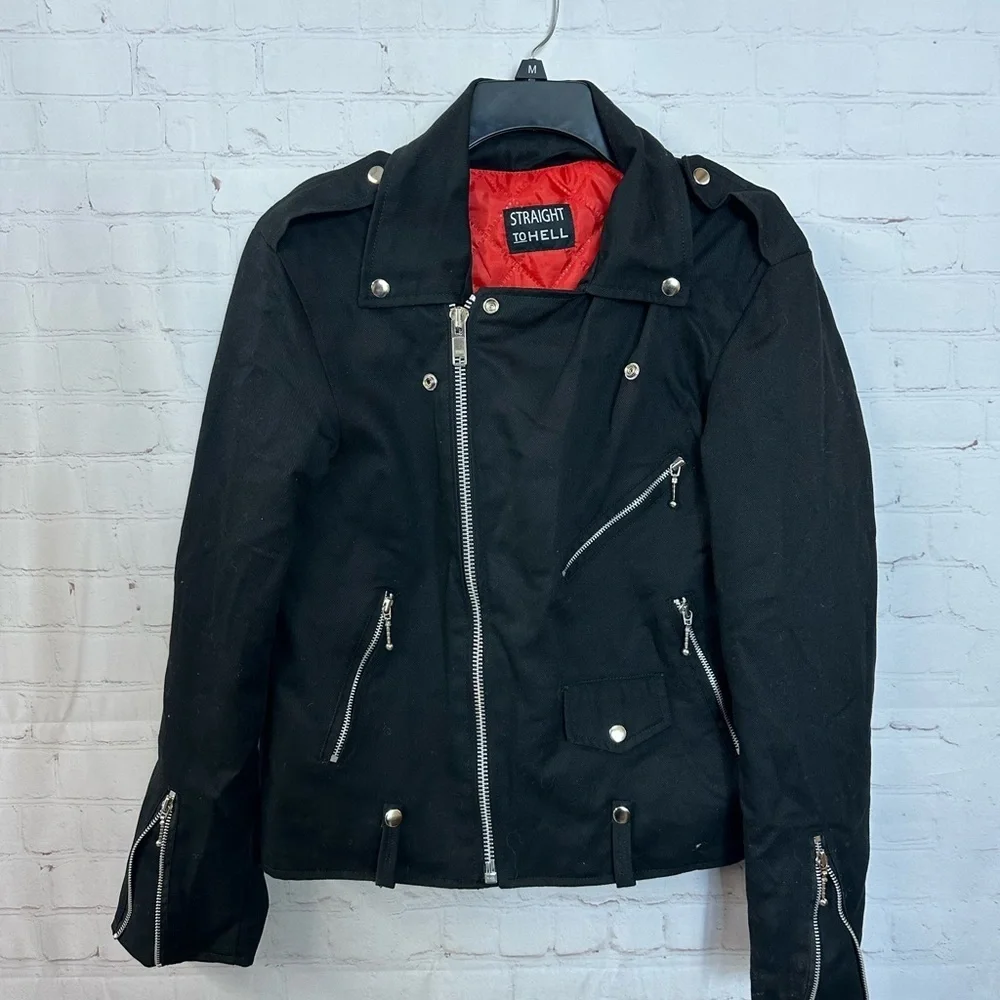 Straight to Hell Black Moto Jacket with Red Lining